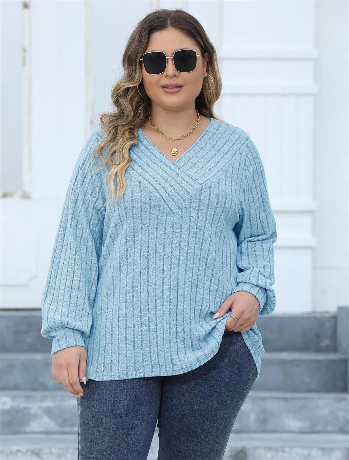 Plus Size Geribbelde Brei V-Hals Lange Mouwen Top