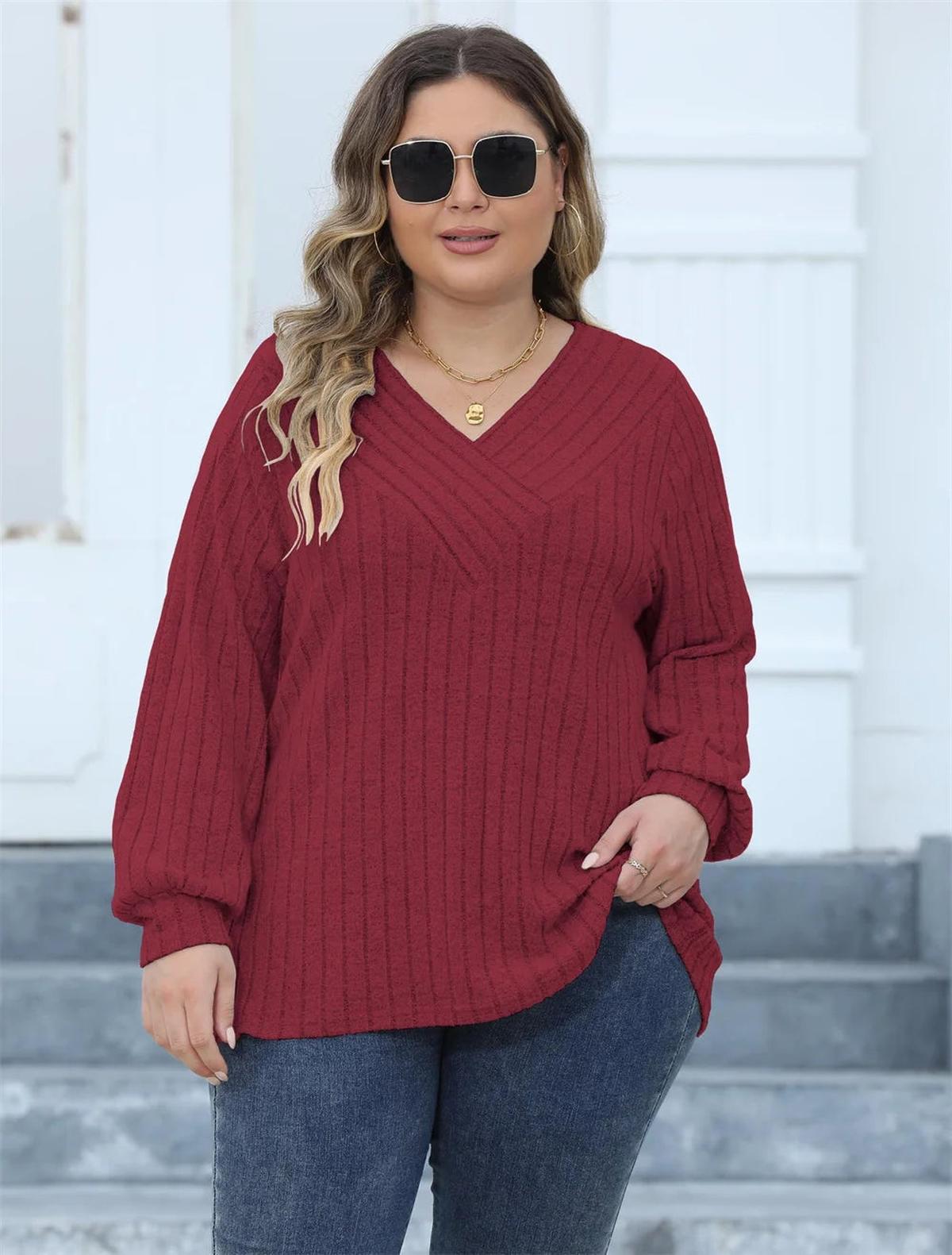 Plus Size Geribbelde Brei V-Hals Lange Mouwen Top