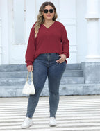 Plus Size Geribbelde Brei V-Hals Lange Mouwen Top