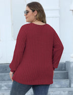 Plus Size Geribbelde Brei V-Hals Lange Mouwen Top
