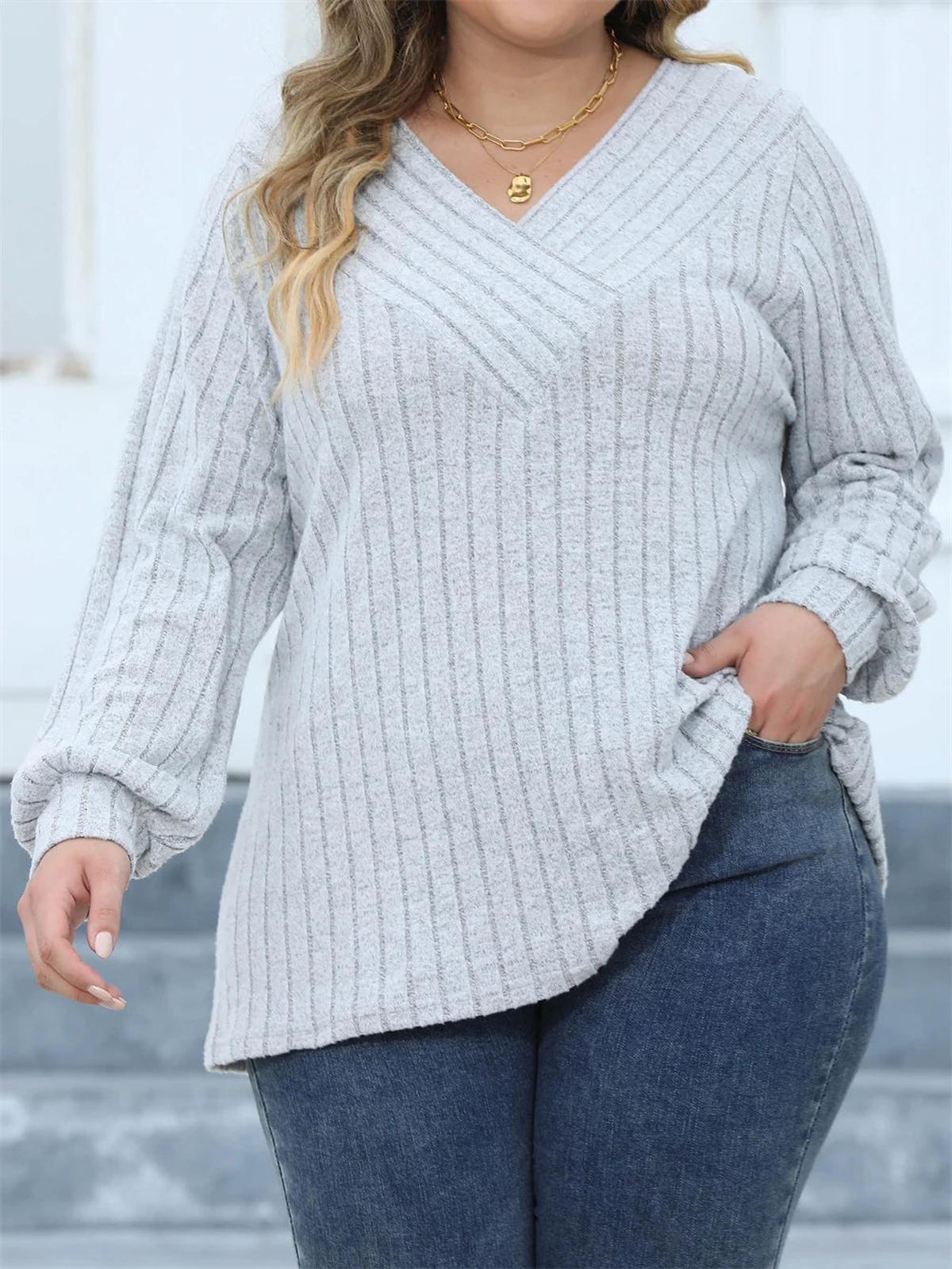 Plus Size Geribbelde Brei V-Hals Lange Mouwen Top
