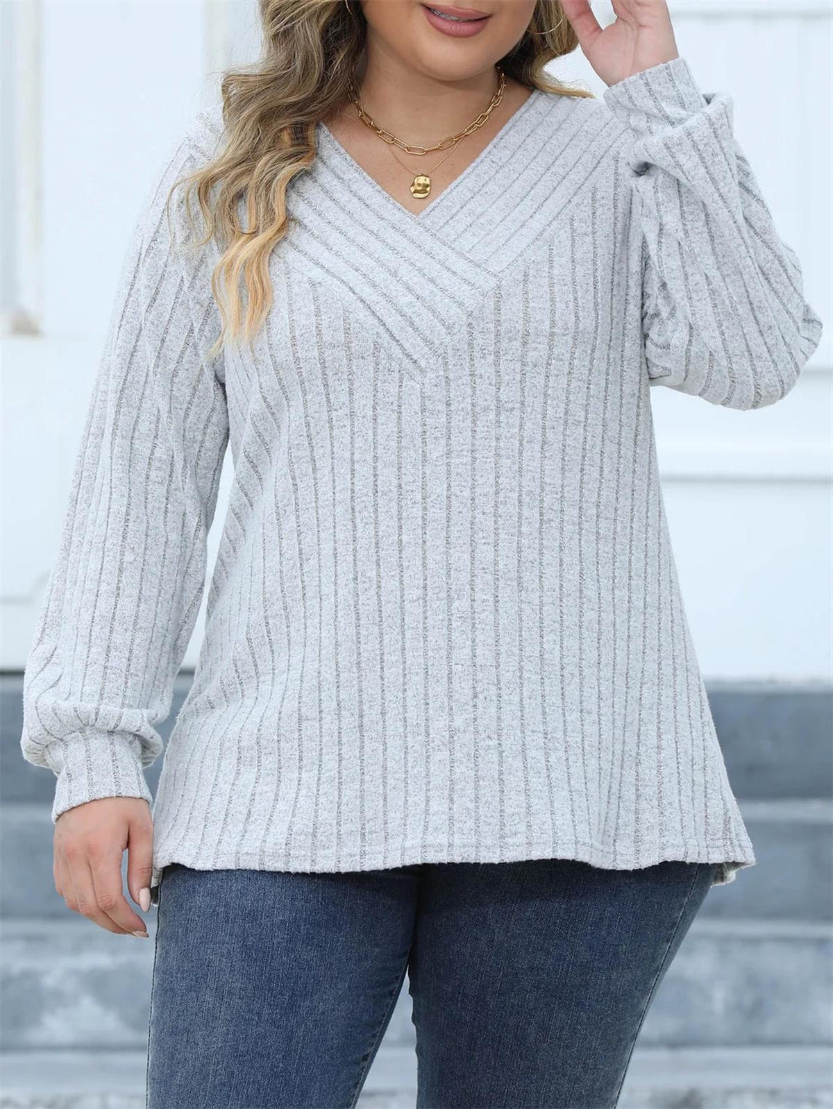 Plus Size Geribbelde Brei V-Hals Lange Mouwen Top