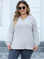 Plus Size Geribbelde Brei V-Hals Lange Mouwen Top