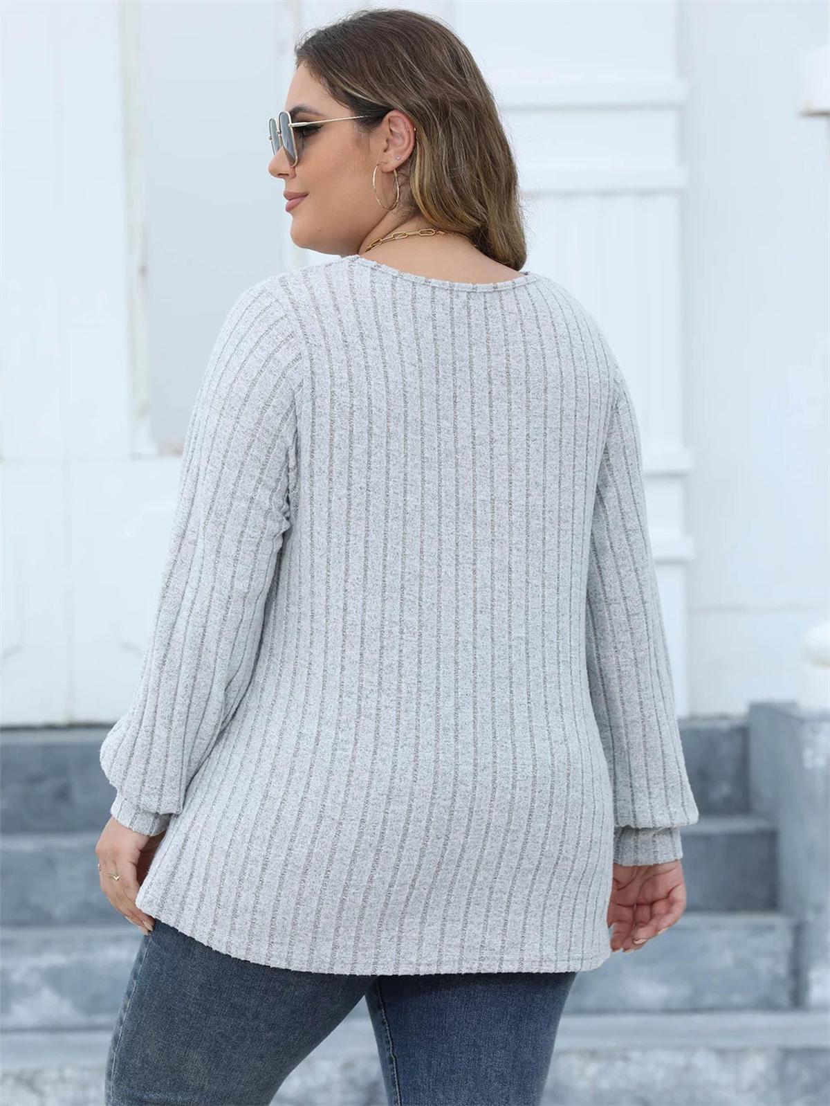 Plus Size Geribbelde Brei V-Hals Lange Mouwen Top