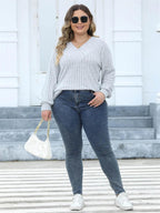 Plus Size Geribbelde Brei V-Hals Lange Mouwen Top