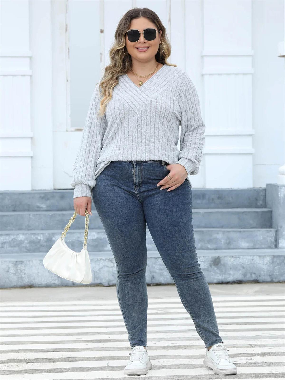 Plus Size Geribbelde Brei V-Hals Lange Mouwen Top