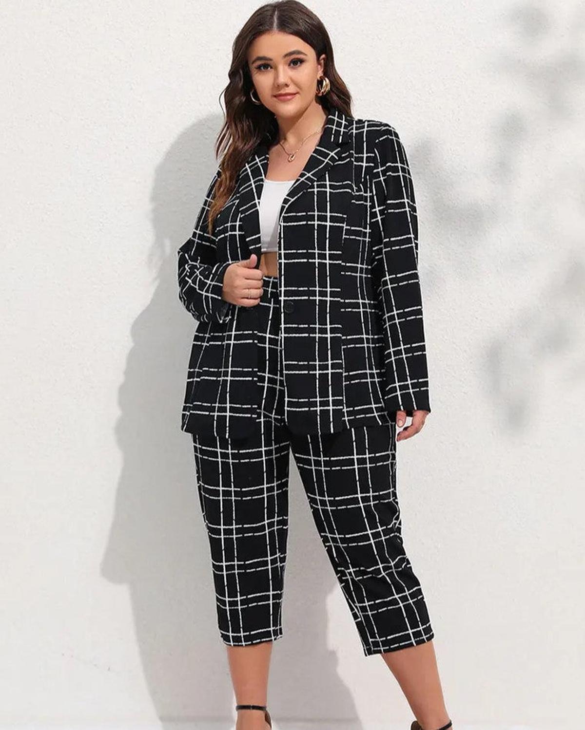 Plus Size Geruite Pakset met Op Maat Gemaakte Pasvorm