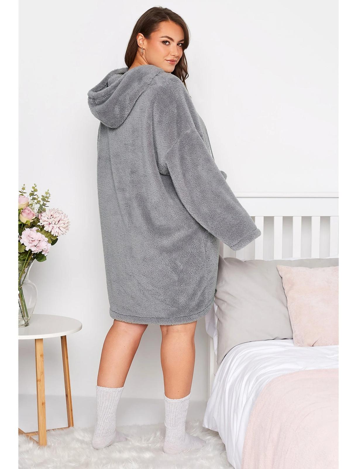 Plus Size Oversized Teddy Hoodie Jurk met Zakken