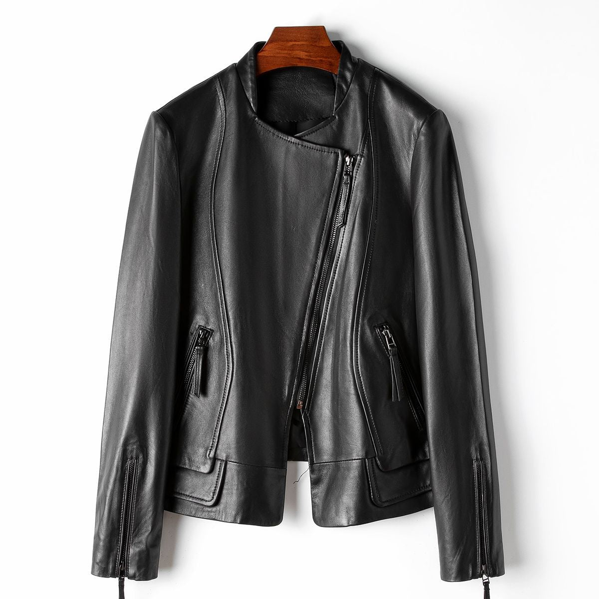 Premium Leren Lange Mouwen Getailleerde Jas Dames