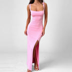 Satijnen Slanke Maxi-jurk met Spaghetti Bandjes