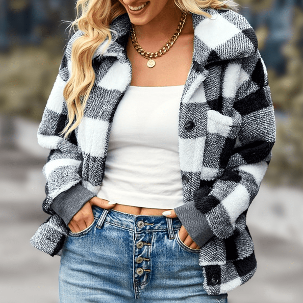 Sherpa/Fleece Vest Met Ruitprint Voor Dames