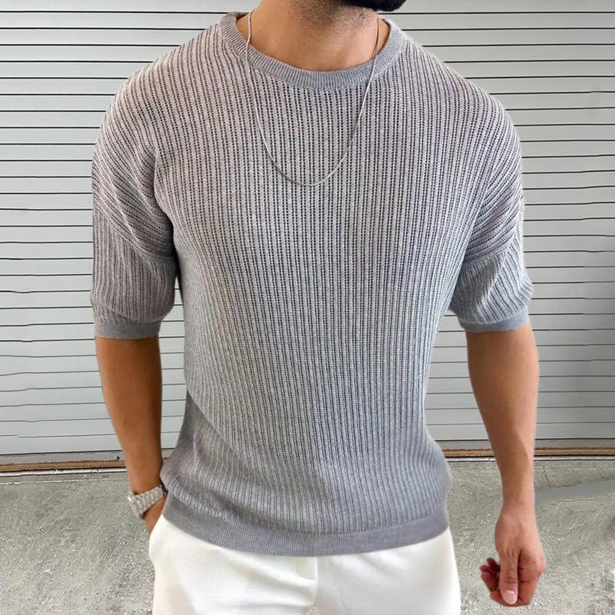 Slim Fit Ademend Ribbel Knit-Shirt Voor Mannen