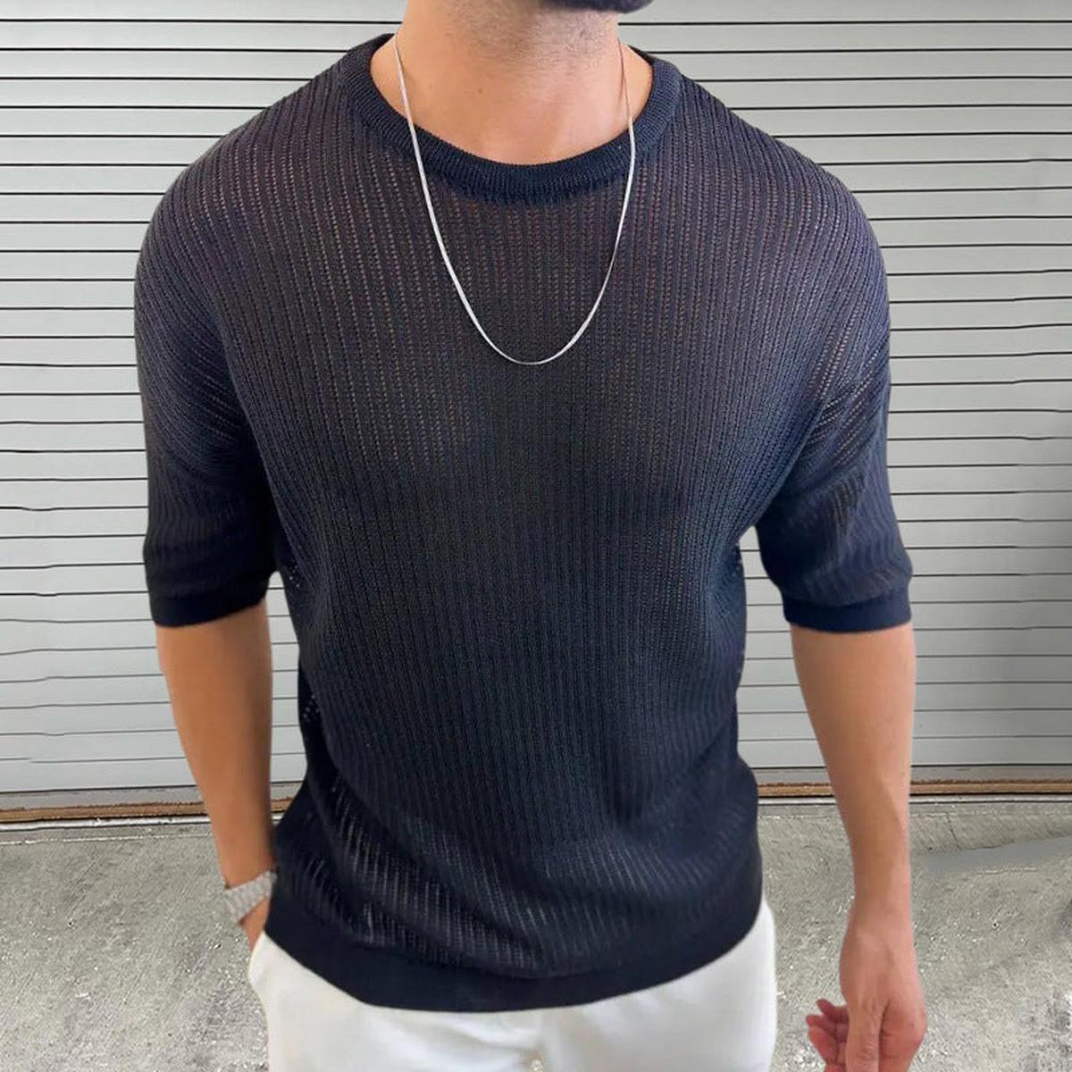 Slim Fit Ademend Ribbel Knit-Shirt Voor Mannen