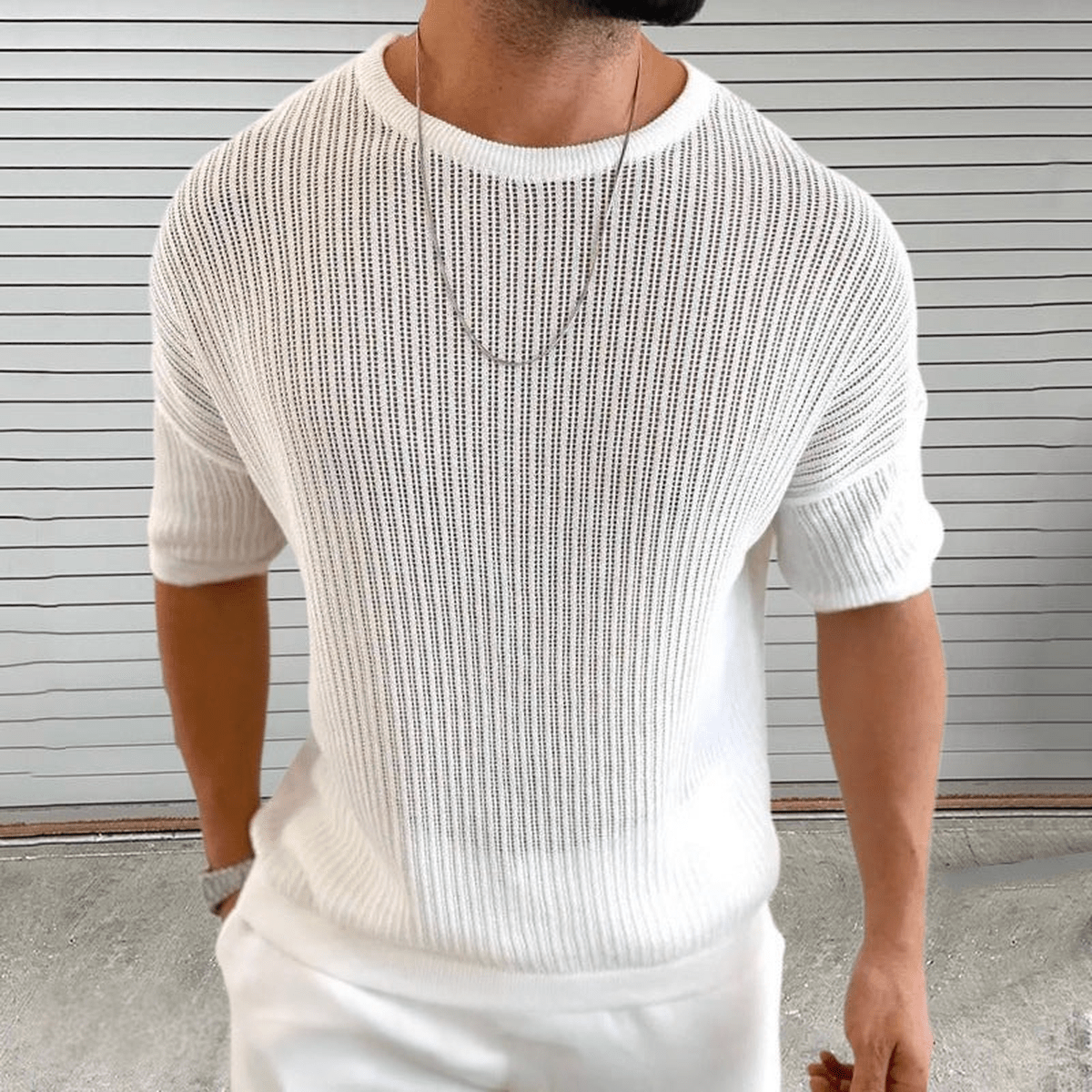 Slim Fit Ademend Ribbel Knit-Shirt Voor Mannen