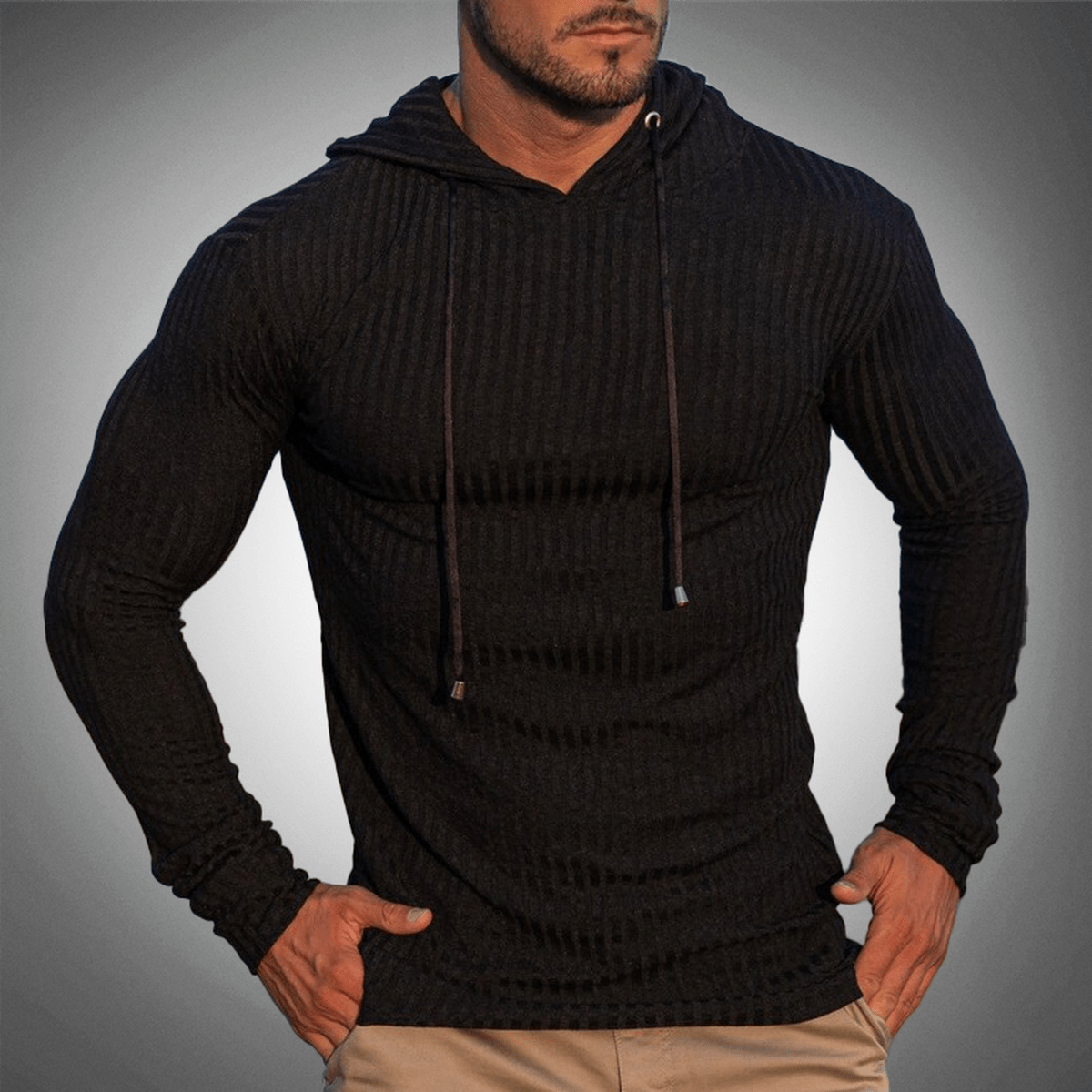 Slim Fit Ribgebreide Hoodie Voor Heren