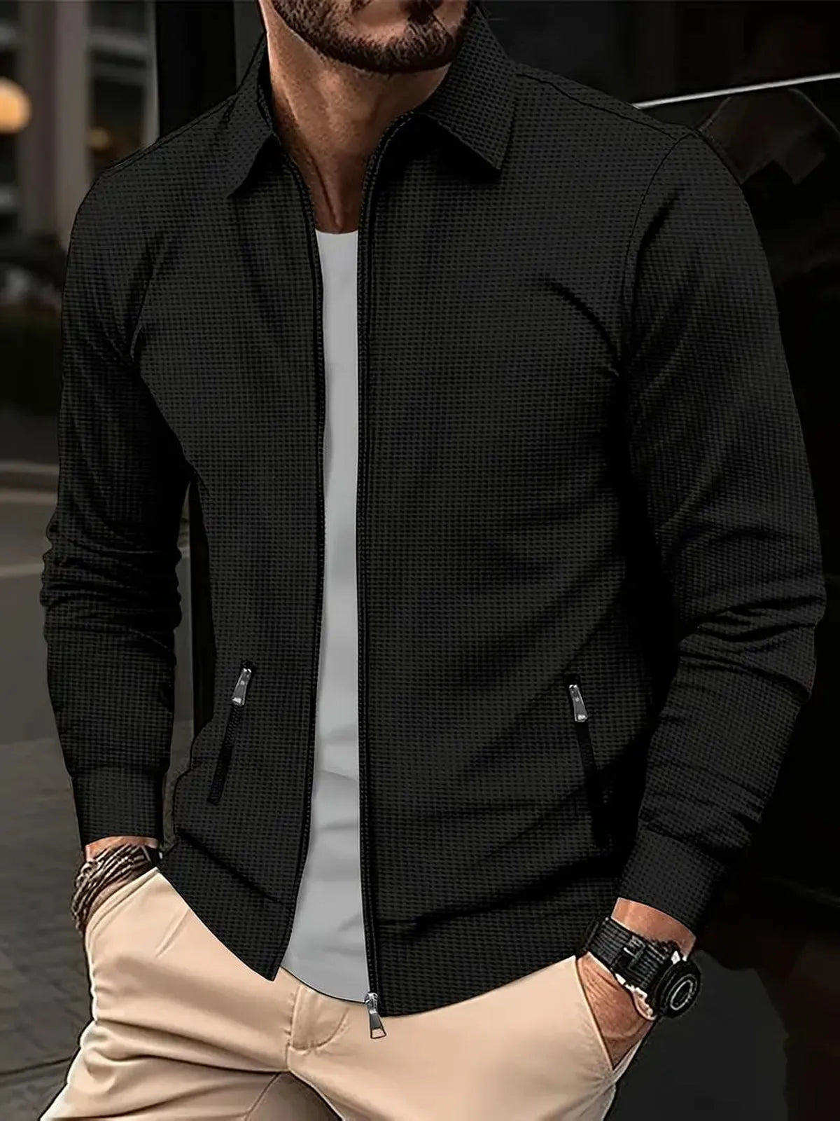 Slim Fit Wafelbrei Jas met Reverskraag