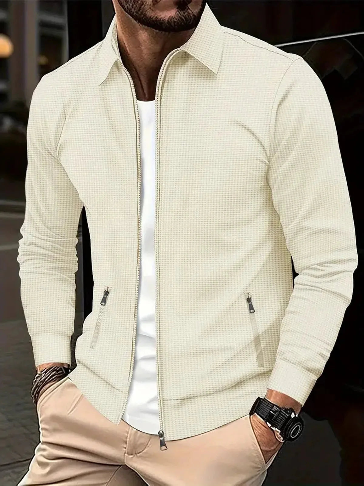 Slim Fit Wafelbrei Jas met Reverskraag