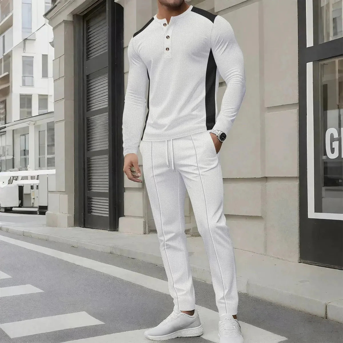 Slim Fit Wafelstructuur Casual Twee-Delige Sport Outfit
