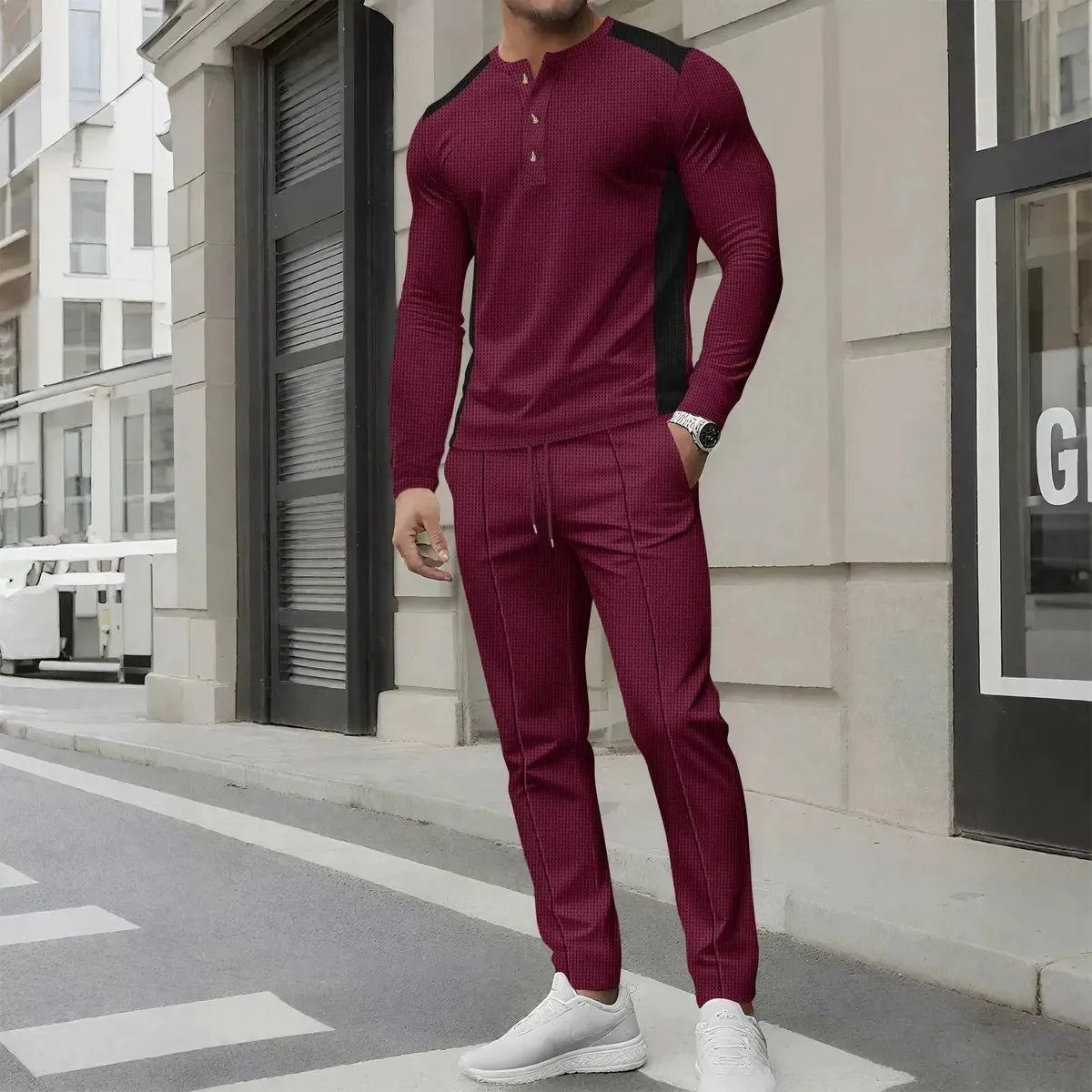 Slim Fit Wafelstructuur Casual Twee-Delige Sport Outfit