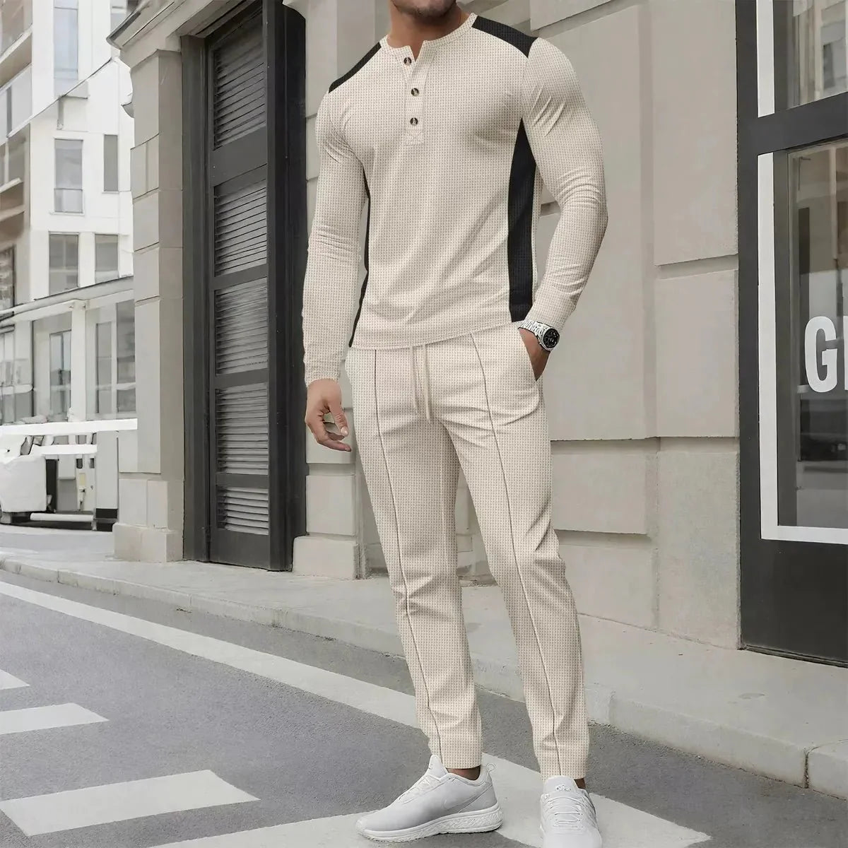 Slim Fit Wafelstructuur Casual Twee-Delige Sport Outfit