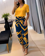 Stijlvolle Twee-Delige Dames Set Met V-Hals Top En Hoge Taille Broek