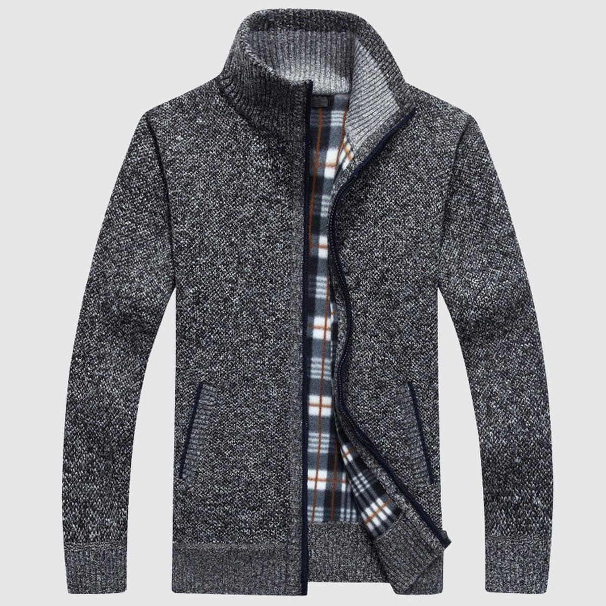 Textured Knit Zip-Up Cardigan Met Geruite Voering Voor Mannen