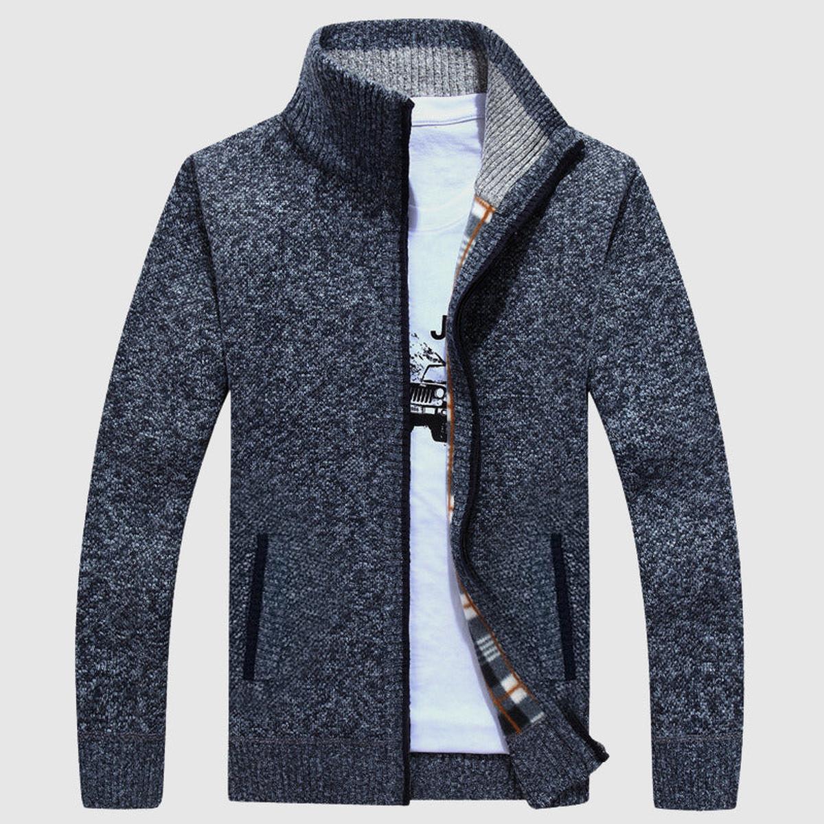 Textured Knit Zip-Up Cardigan Met Geruite Voering Voor Mannen