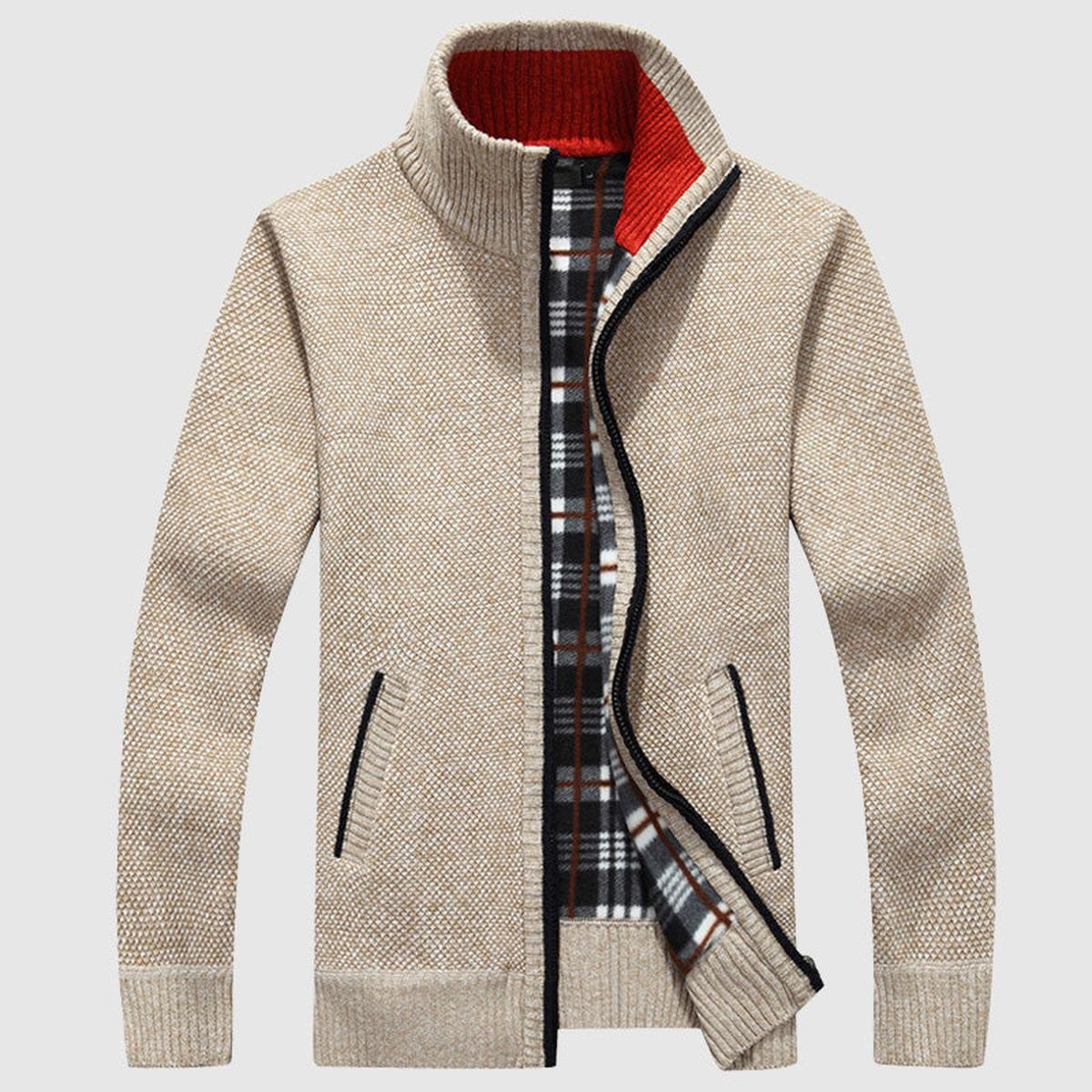 Textured Knit Zip-Up Cardigan Met Geruite Voering Voor Mannen
