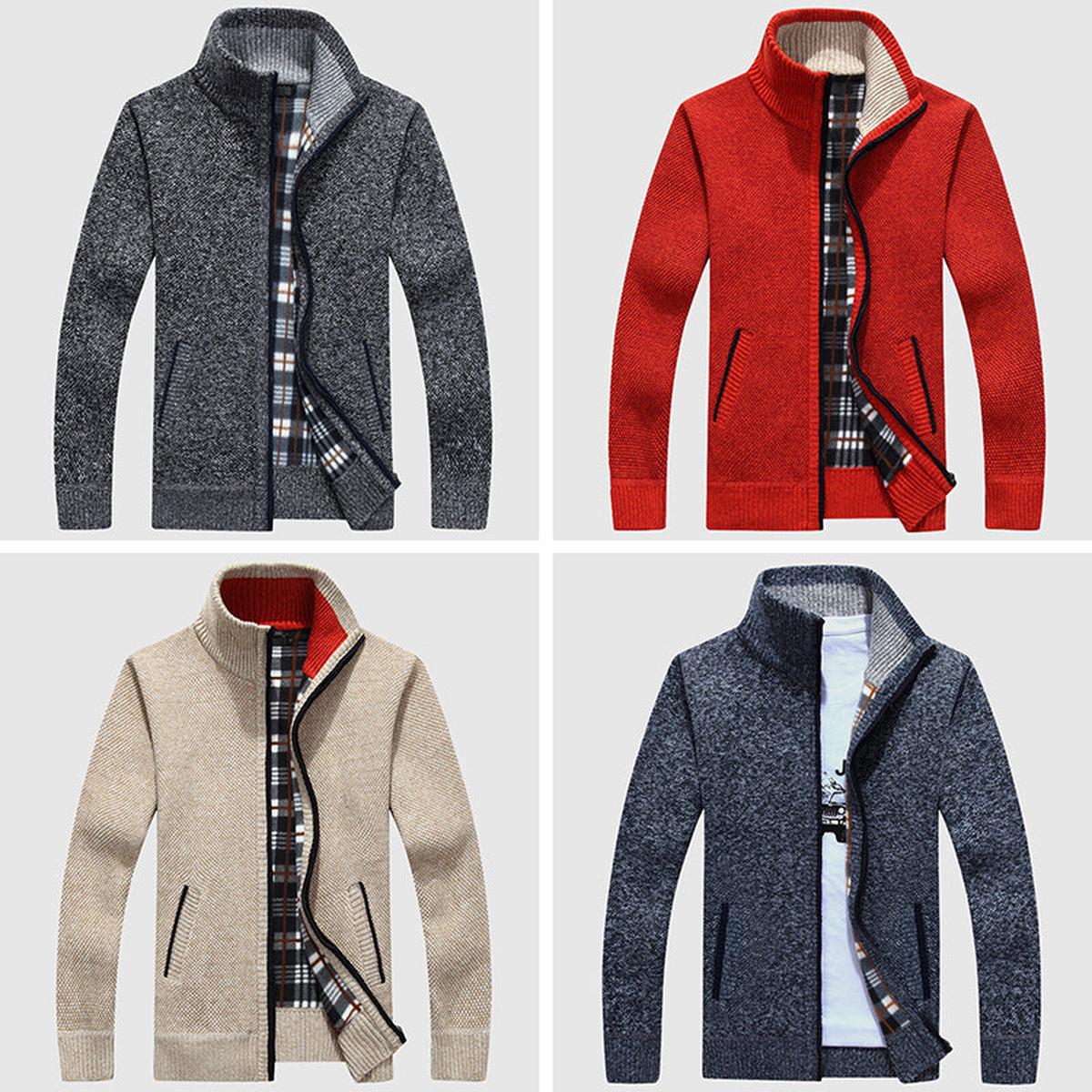 Textured Knit Zip-Up Cardigan Met Geruite Voering Voor Mannen
