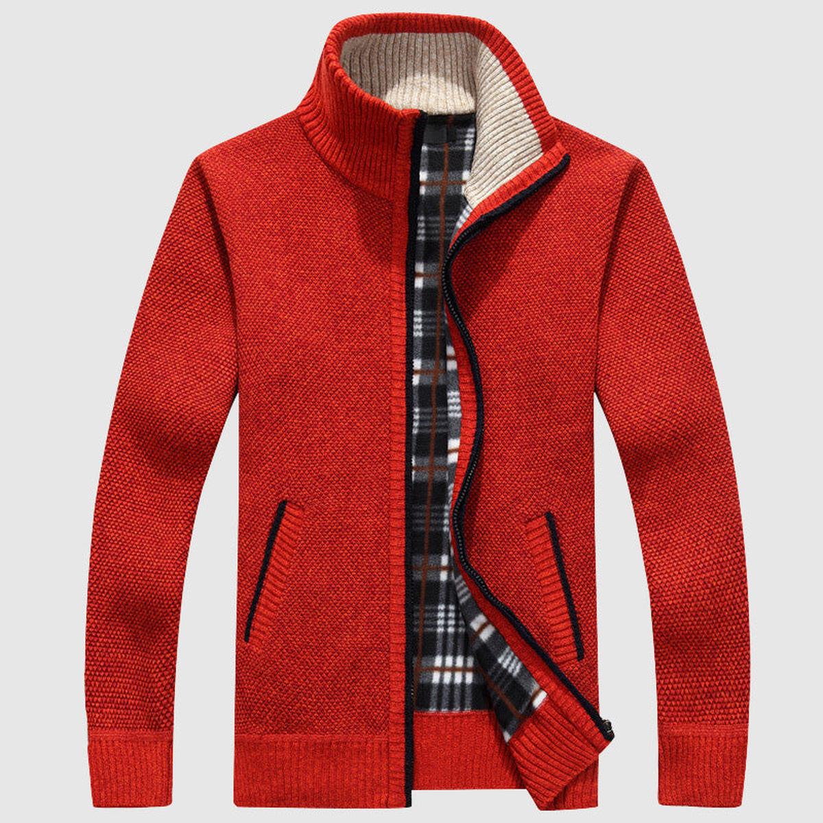 Textured Knit Zip-Up Cardigan Met Geruite Voering Voor Mannen