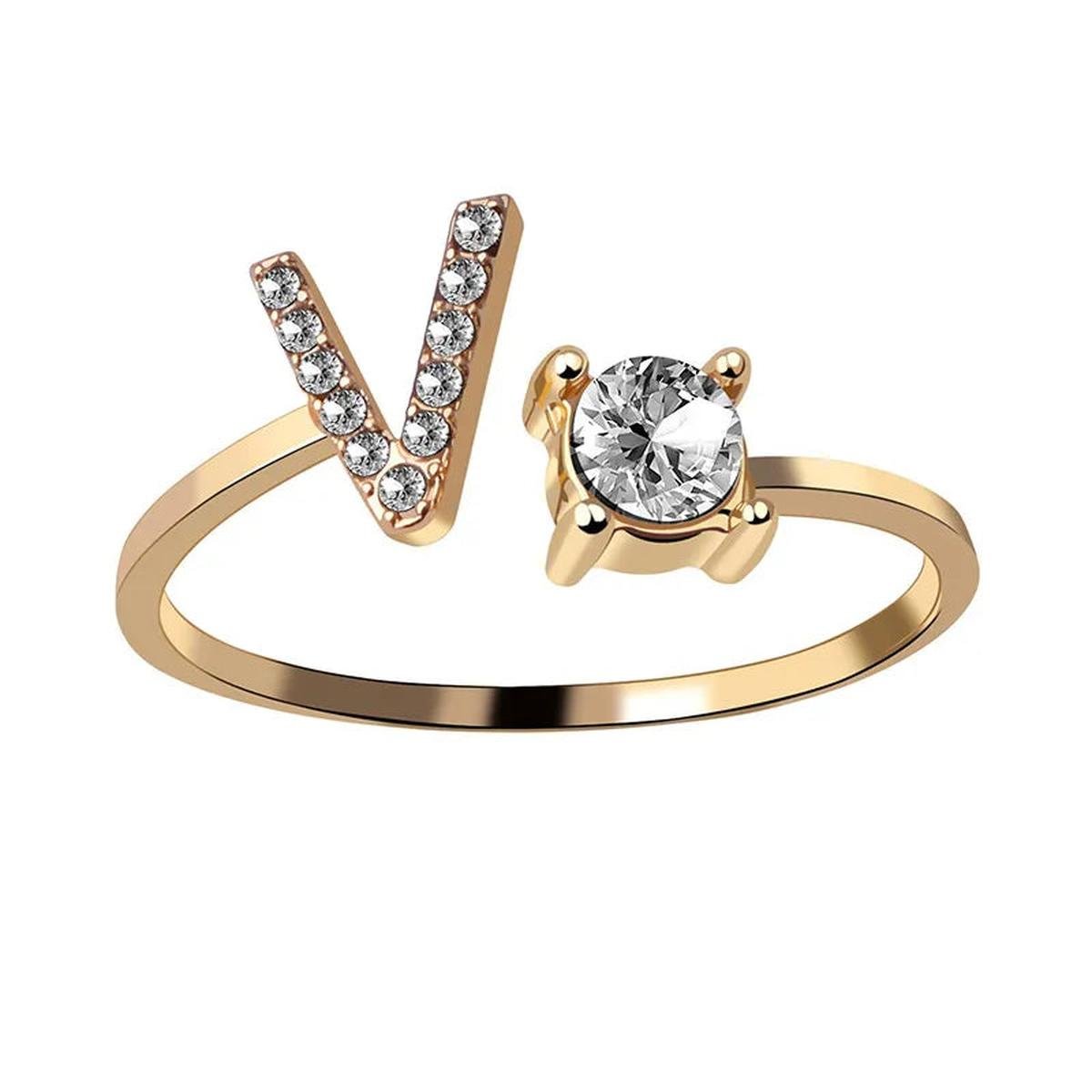 Verstelbare Zilveren Ring Met Rhinestones En Letteraccent