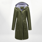 Waterdichte Over-Knie Trenchcoat Met Capuchon En Verstelbare Taille