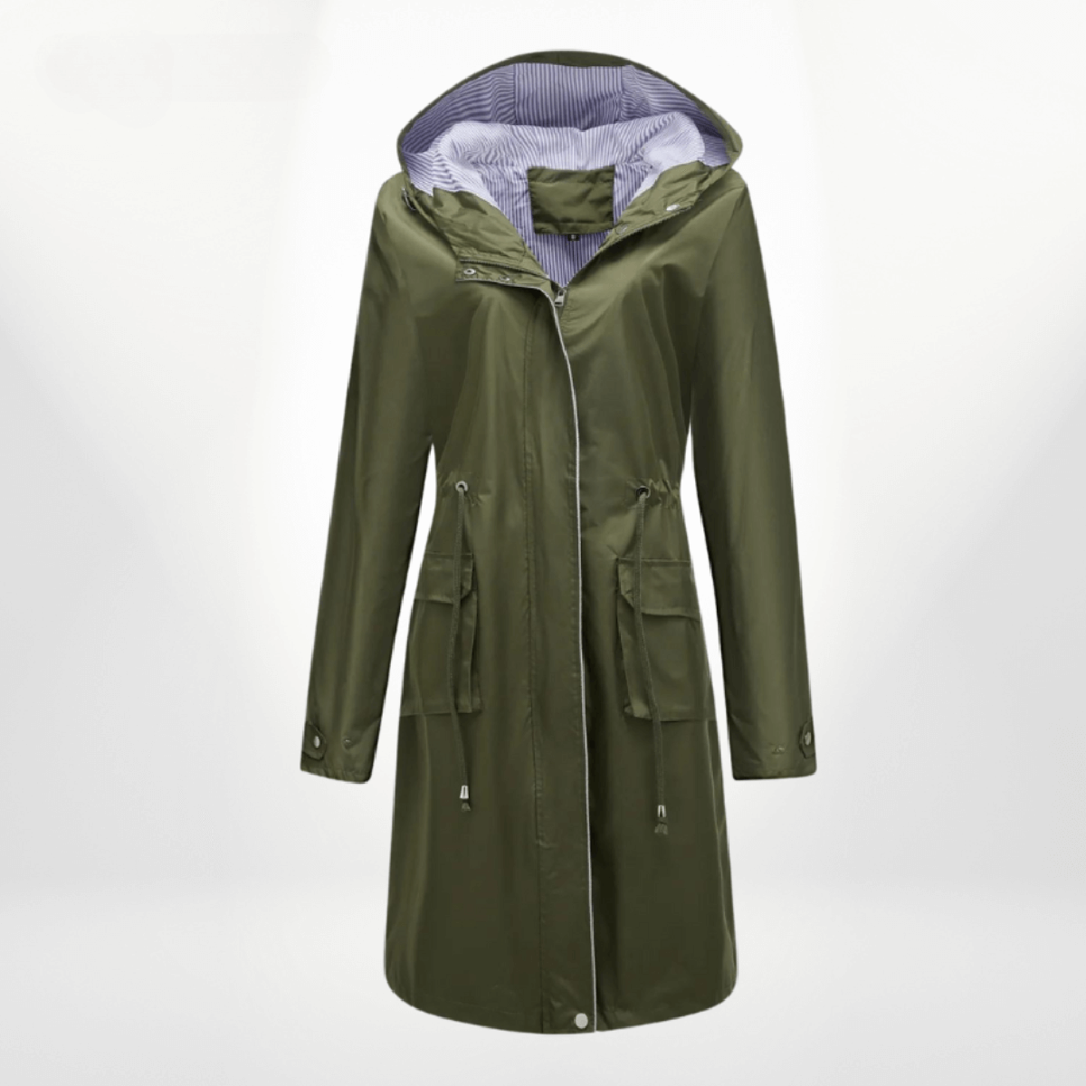 Waterdichte Over-Knie Trenchcoat Met Capuchon En Verstelbare Taille