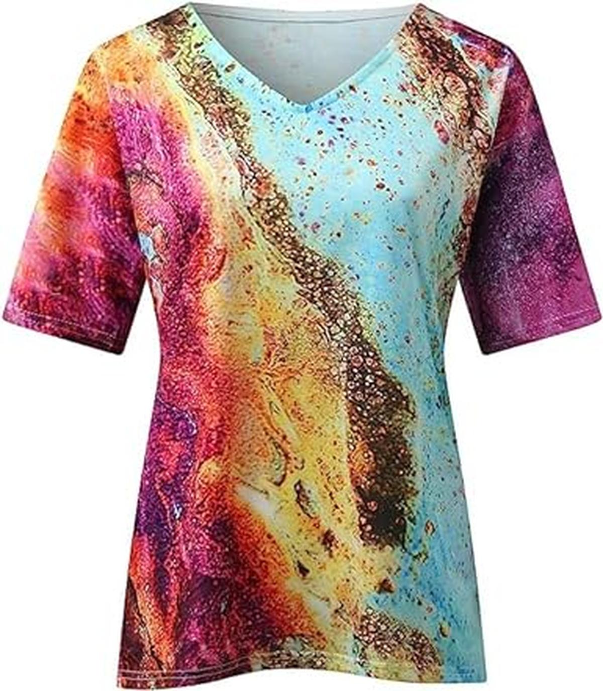 Boho Stijl V - Hals T-Shirt Voor Vrouwen Met Marmerpatronen - Harlett