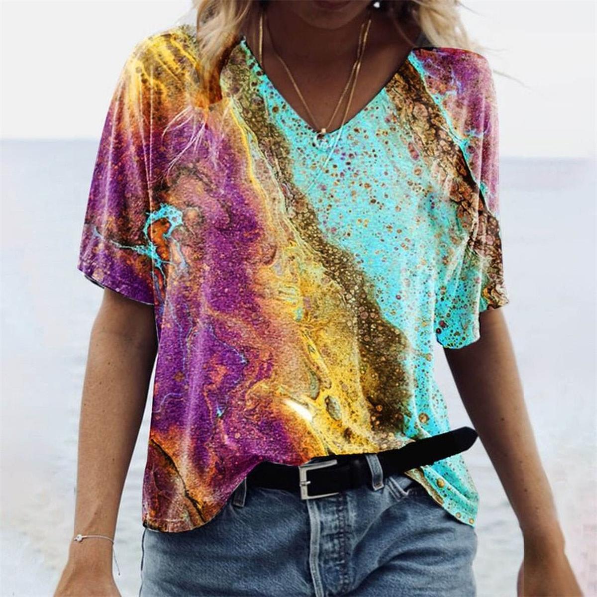 Boho Stijl V - Hals T-Shirt Voor Vrouwen Met Marmerpatronen - Harlett