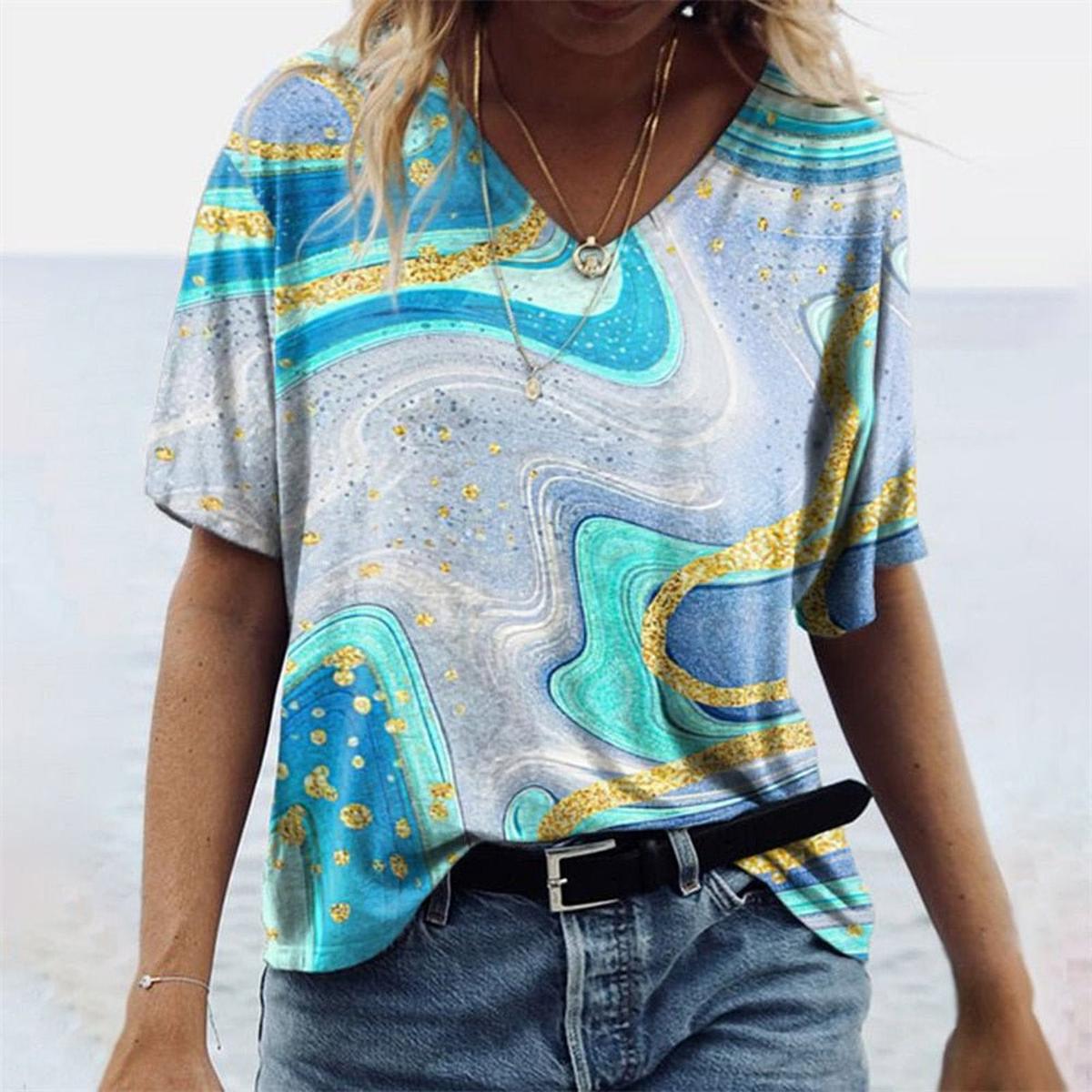 Boho Stijl V - Hals T-Shirt Voor Vrouwen Met Marmerpatronen - Harlett