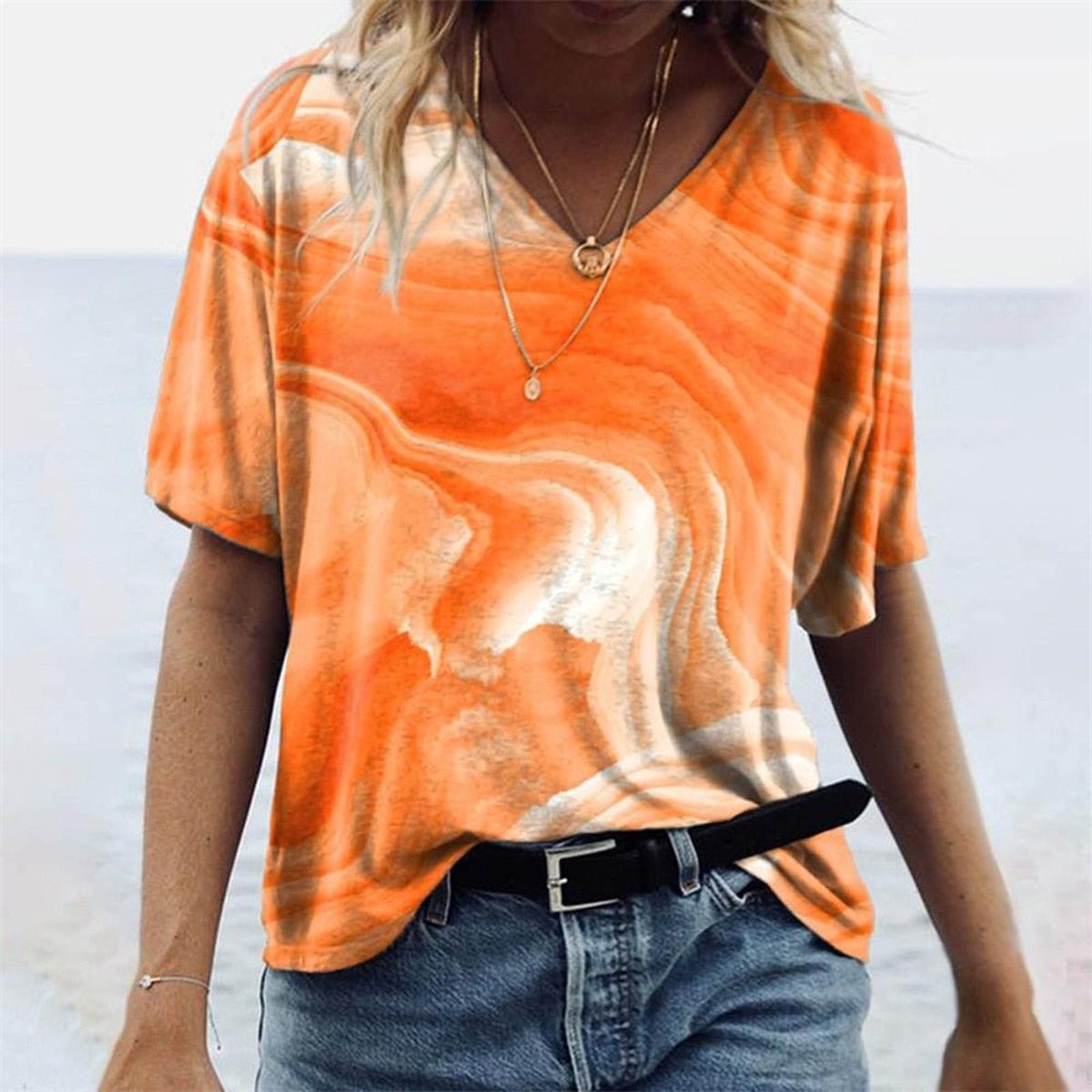 Boho Stijl V - Hals T-Shirt Voor Vrouwen Met Marmerpatronen - Harlett