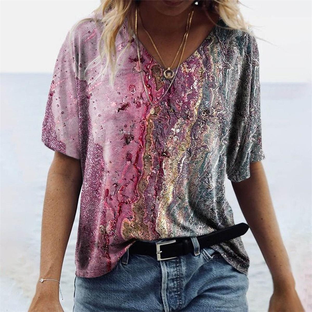 Boho Stijl V - Hals T-Shirt Voor Vrouwen Met Marmerpatronen - Harlett