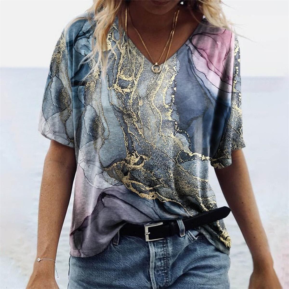 Boho Stijl V - Hals T-Shirt Voor Vrouwen Met Marmerpatronen - Harlett