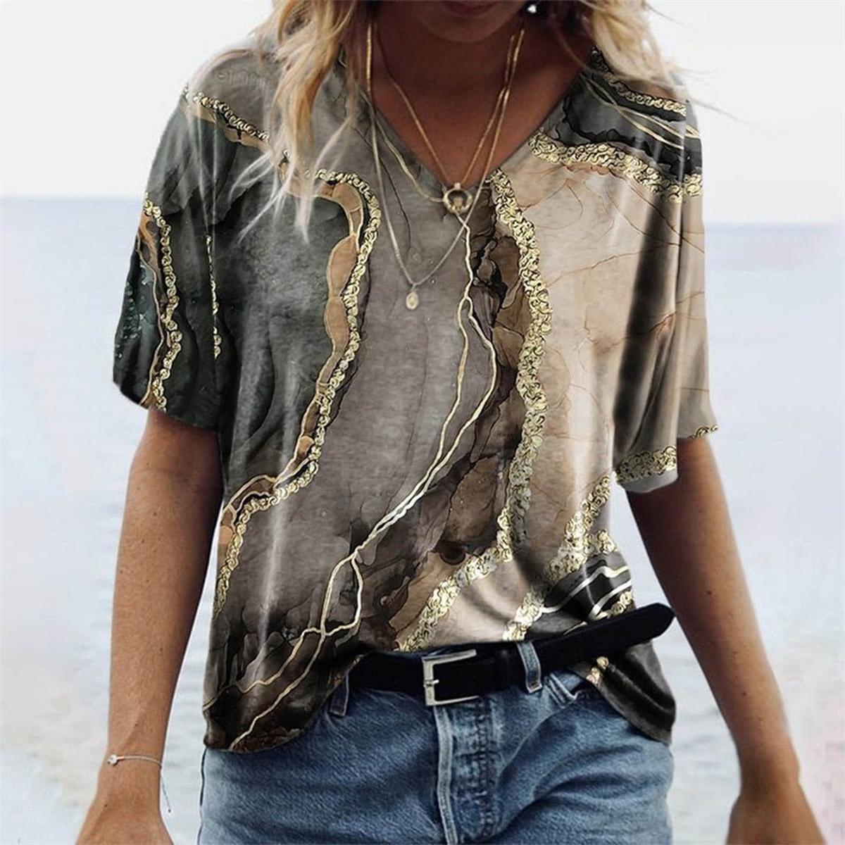 Boho Stijl V - Hals T-Shirt Voor Vrouwen Met Marmerpatronen - Harlett