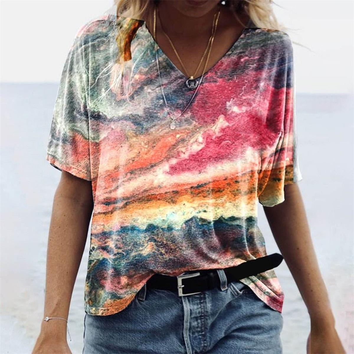 Boho Stijl V - Hals T-Shirt Voor Vrouwen Met Marmerpatronen - Harlett