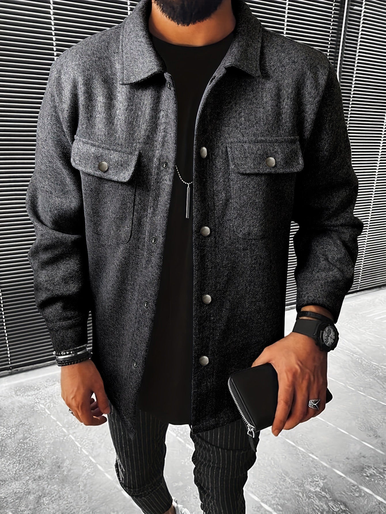 Warm Heren Shacket / Overhemdjas met Borstzakken