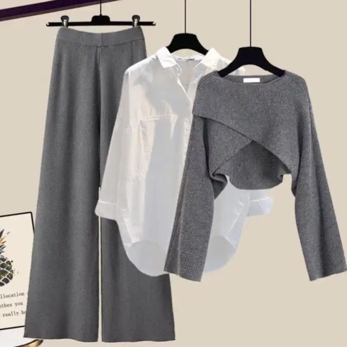 Comfortabele 3 - Delige Dames Set Met Wijde Broek, Gebreide Trui En Witte Blouse - Harlett