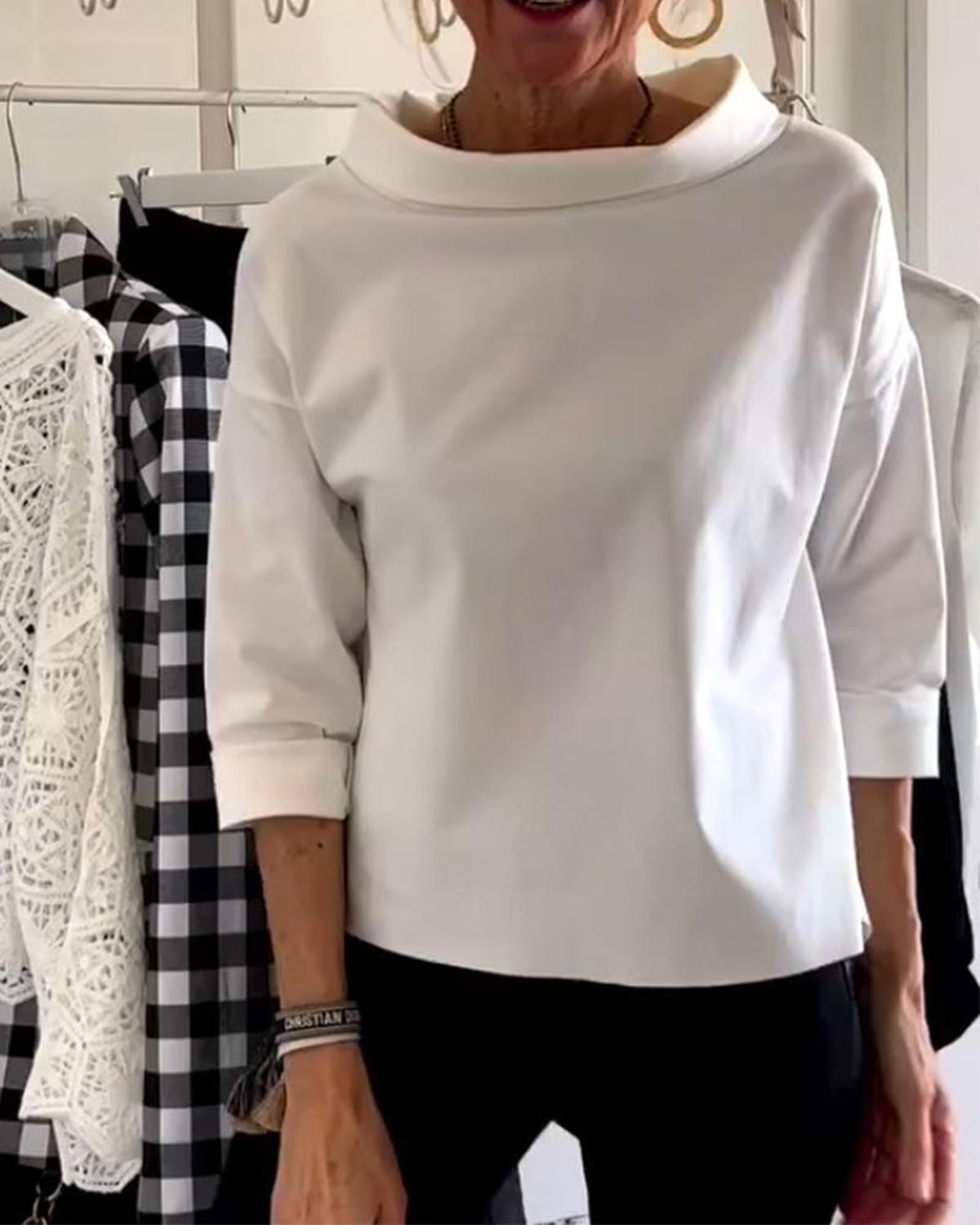 Dames Blouse Met Hoge Kraag En 3/4 Mouwen Van Ademend Materiaal - Harlett