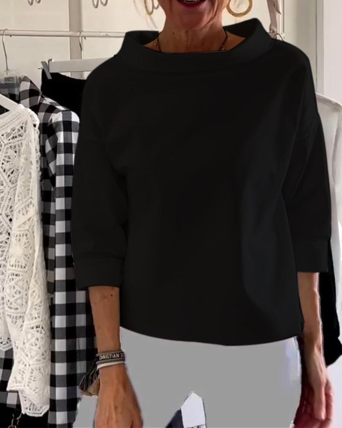 Dames Blouse Met Hoge Kraag En 3/4 Mouwen Van Ademend Materiaal - Harlett