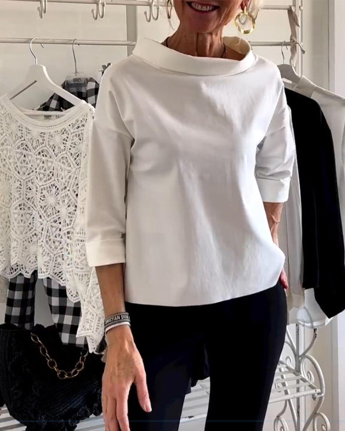 Dames Blouse Met Hoge Kraag En 3/4 Mouwen Van Ademend Materiaal - Harlett