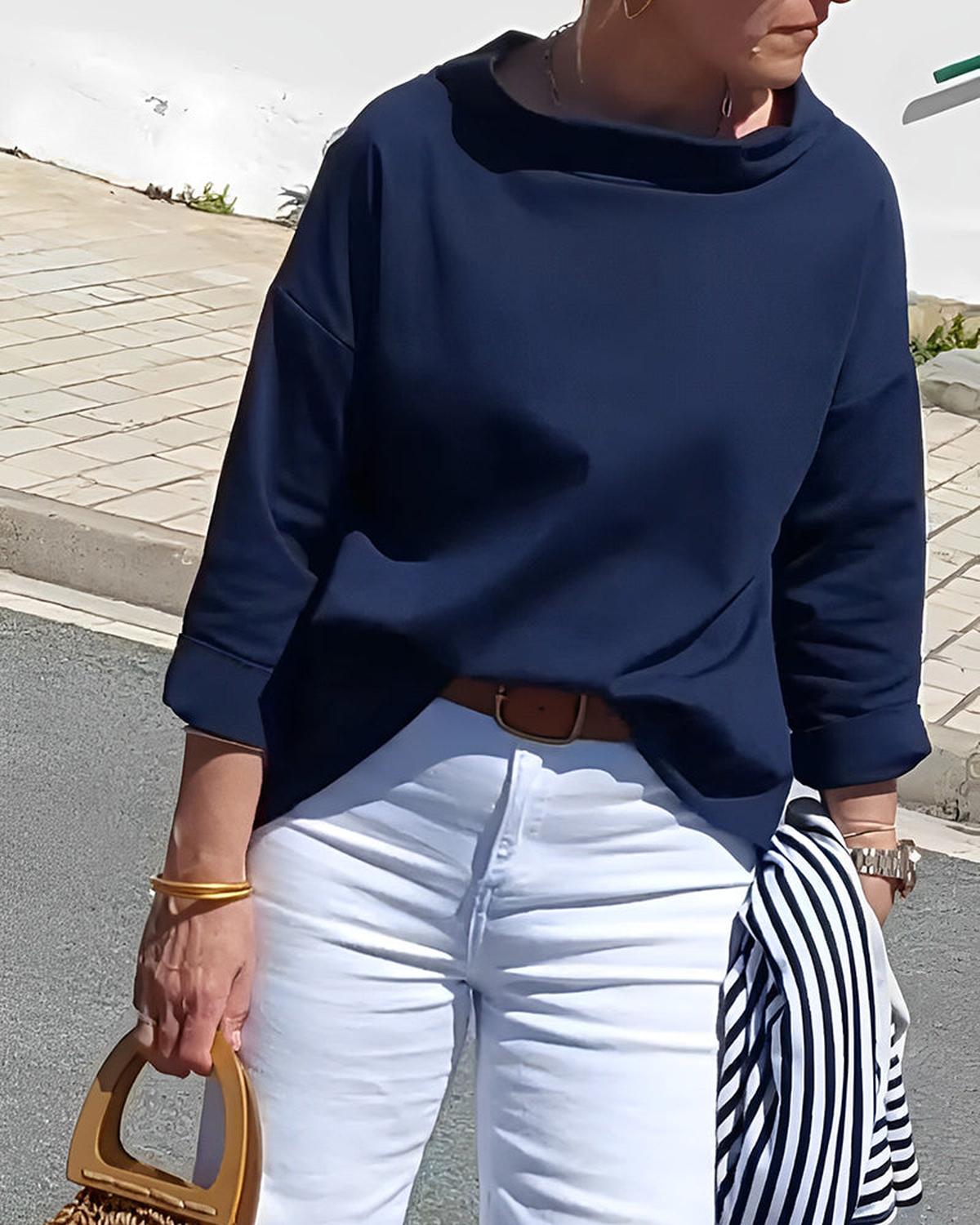 Dames Blouse Met Hoge Kraag En 3/4 Mouwen Van Ademend Materiaal - Harlett