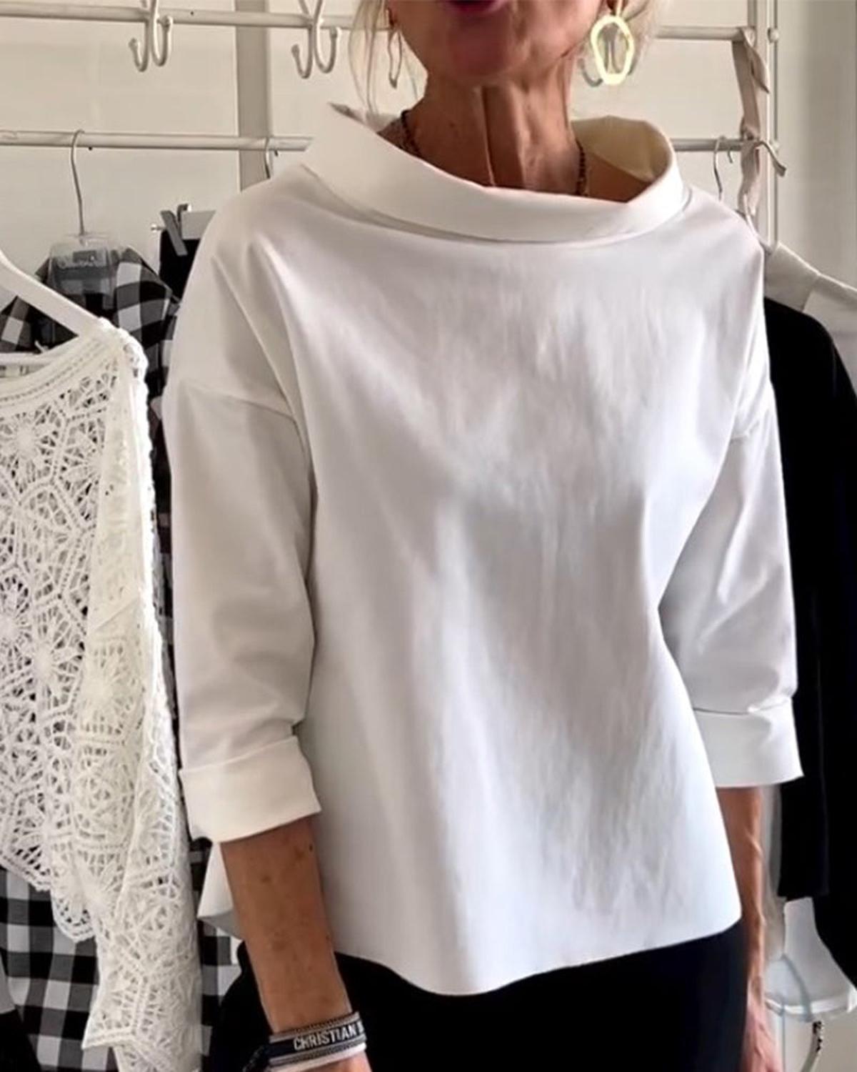 Dames Blouse Met Hoge Kraag En 3/4 Mouwen Van Ademend Materiaal - Harlett