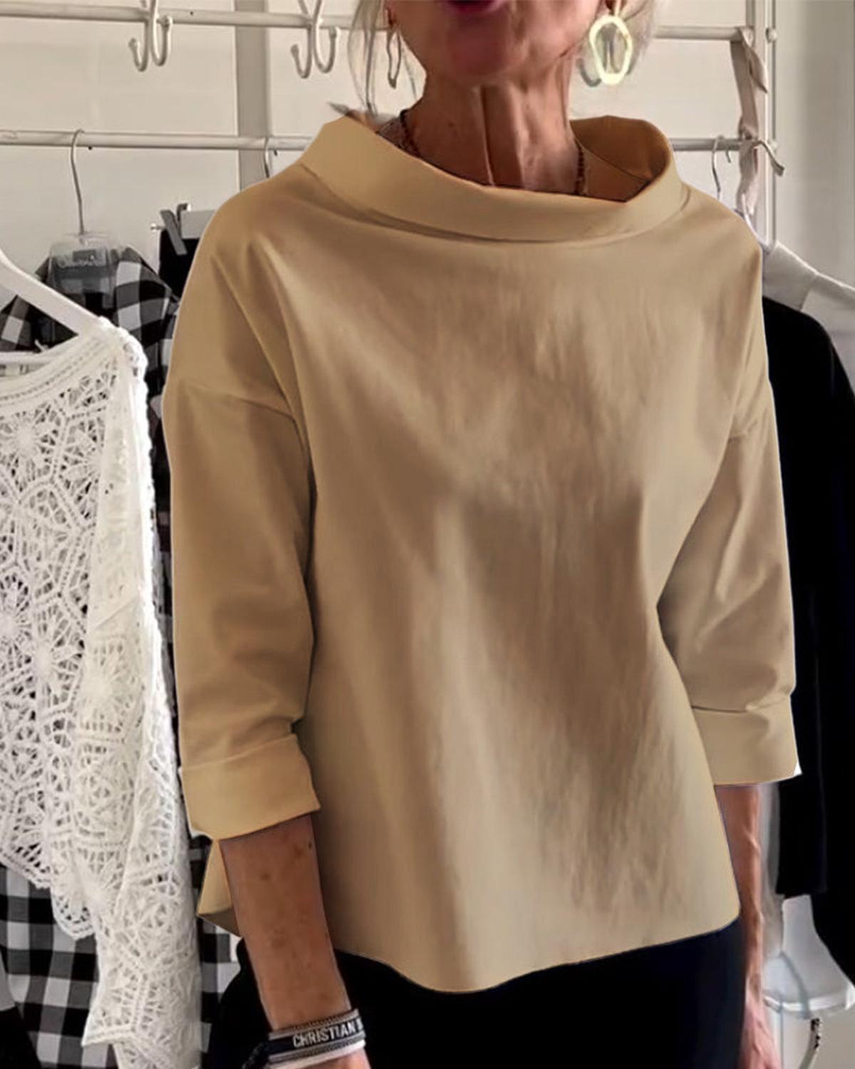 Dames Blouse Met Hoge Kraag En 3/4 Mouwen Van Ademend Materiaal - Harlett