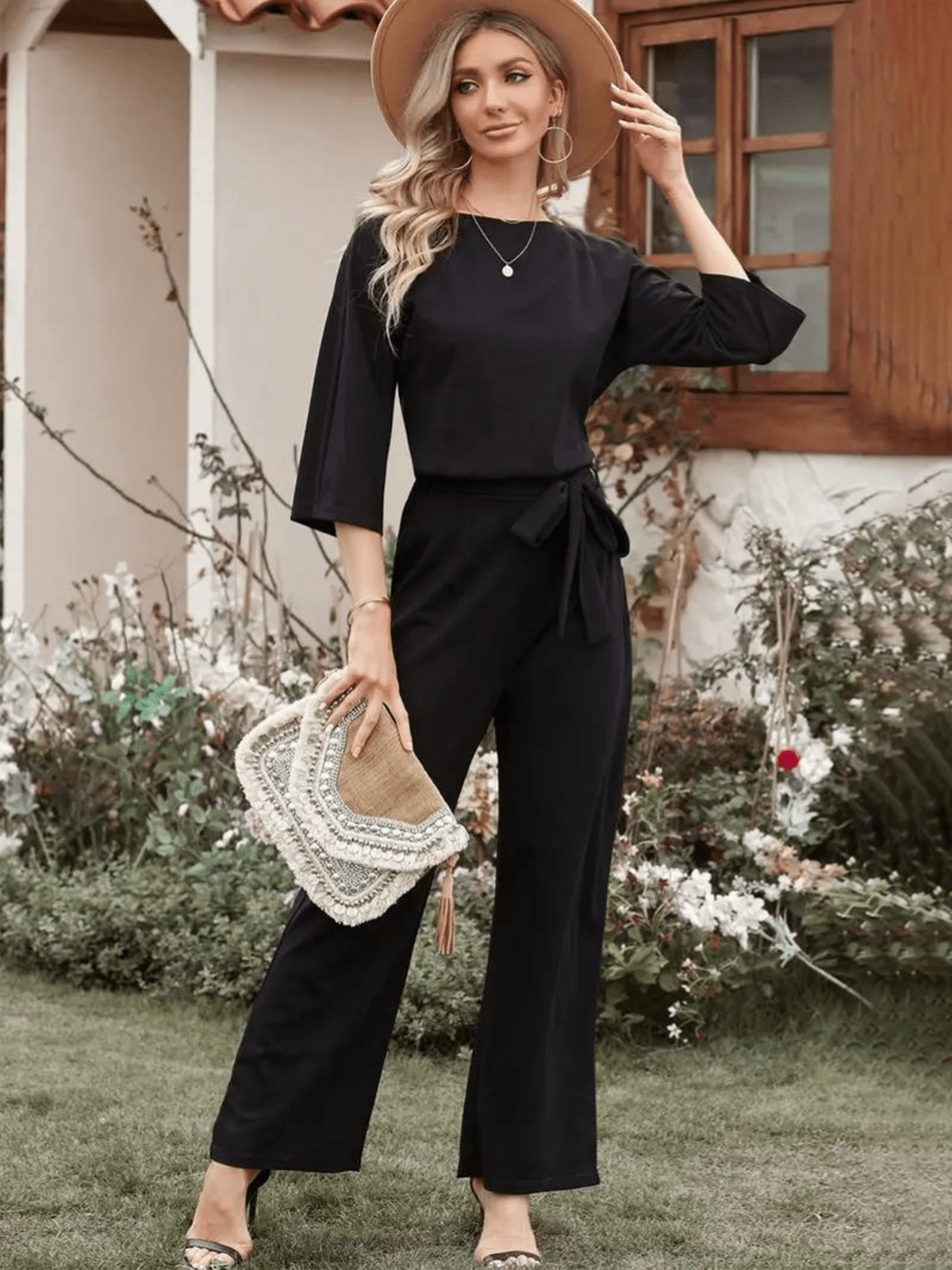 Dames Jumpsuit Met Strikceintuur Wijde Benen En ¾ Mouwen - Harlett